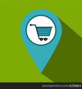 Supermarket location icon. Flat illustration of supermarket location vector icon for web isolated on lime background. Supermarket location icon, flat style