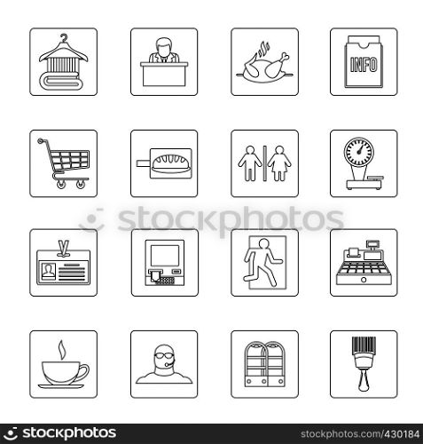Supermarket navigation icons set. Outline illustration of 16 supermarket navigation vector icons for web. Supermarket navigation icons set, outline style