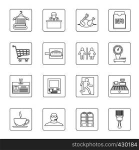 Supermarket navigation icons set. Outline illustration of 16 supermarket navigation vector icons for web. Supermarket navigation icons set, outline style