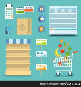 Supermarket online website concept with food assortment, opening hours and payment options icons illustration vector