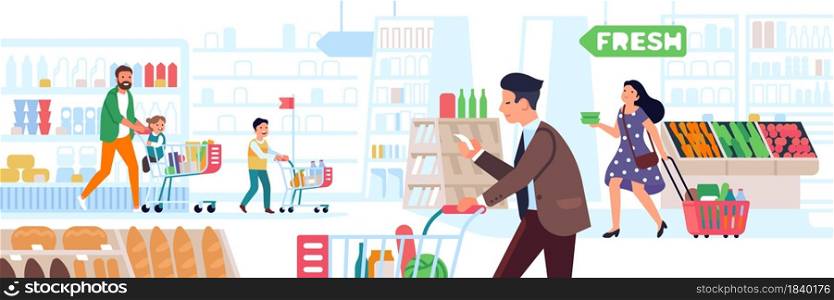 Supermarket people. Big store shopping, many characters with carts and baskets, men, women and kids in right products market with search customer vector concept. Supermarket people. Big store shopping, many characters with carts and baskets, men, women and kids in right products search, vector concept