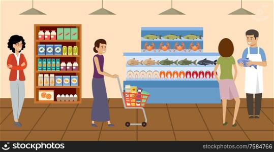 Supermarket. People choosing and buying products at grocery store. Fish counter. Vector flat illustration.