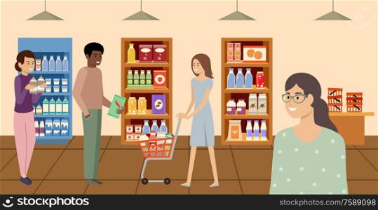 Supermarket. People choosing and buying products at grocery store. Vector flat illustration.