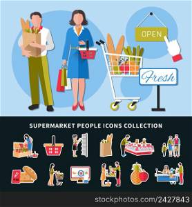 Supermarket people icons collection with seller and customers, goods on counters, cash desk, discounts isolated vector illustration. Supermarket People Icons Collection