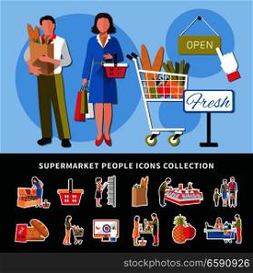 Supermarket people icons collection with seller and customers, goods on counters, cash desk, discounts isolated vector illustration. Supermarket People Icons Collection