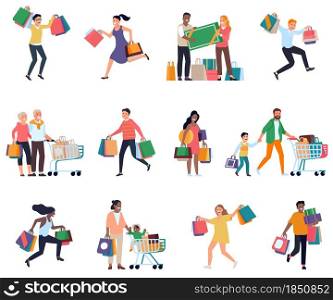 Supermarket people. Shopping process men and women, variety purchasing characters with bags and store carts, season of discounts and sales vector set. Supermarket people. Shopping process men and women, variety characters with bags and store carts, season of discounts and sales. Vector set
