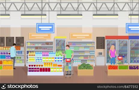 Supermarket People Shopping Vector Illustration. Supermarket and people shopping and buying some food, man looking at bottle, woman gazing at fruits and vegetables vector illustration