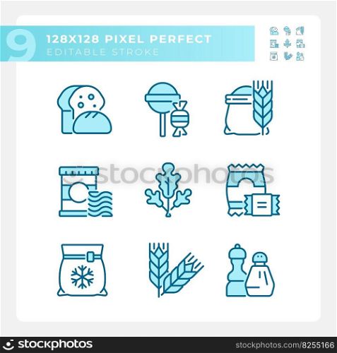Supermarket products pixel perfect blue RGB color icons set. Grocery store food. Shopping cart. Isolated vector illustrations. Simple filled line drawings collection. Editable stroke. Supermarket products pixel perfect blue RGB color icons set