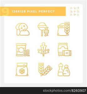 Supermarket products pixel perfect gradient linear vector icons set. Grocery store food. Shopping cart. Thin line contour symbol designs bundle. Isolated outline illustrations collection. Supermarket products pixel perfect gradient linear vector icons set
