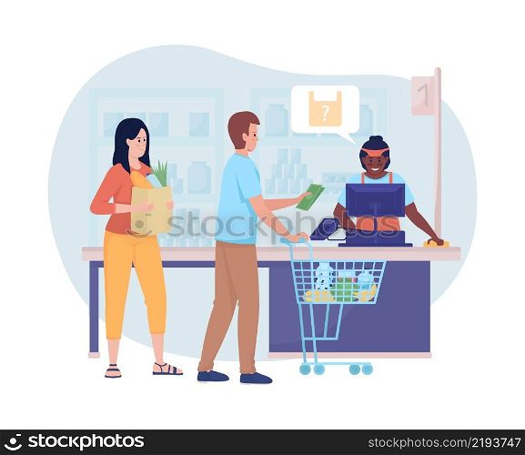 Supermarket queue on cash register 2D vector isolated illustration. People buying food in shop flat characters on cartoon background. Everyday situation and common tasks colourful scene. Supermarket queue on cash register 2D vector isolated illustration