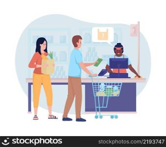 Supermarket queue on cash register 2D vector isolated illustration. People buying food in shop flat characters on cartoon background. Everyday situation and common tasks colourful scene. Supermarket queue on cash register 2D vector isolated illustration