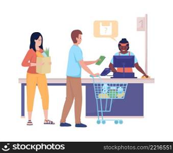 Supermarket queue semi flat color vector characters. Interacting figures. Full body people on white. Cashier isolated modern cartoon style illustration for graphic design and animation. Supermarket queue semi flat color vector characters