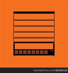 Supermarket refrigerator showcase icon. Orange background with black. Vector illustration.