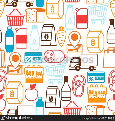 Supermarket seamless pattern with food icons. Grocery illustration in flat style.. Supermarket seamless pattern with food icons.
