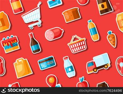 Supermarket seamless pattern with food stickers. Grocery illustration in flat style.. Supermarket seamless pattern with food stickers.