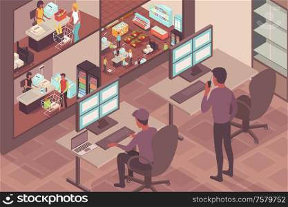 Supermarket security background with guards watching visitors of store on monitor screen isometric vector illustration