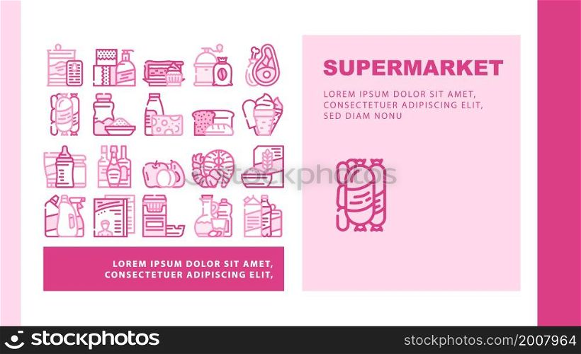 Supermarket Selling Department Landing Web Page Header Banner Template Vector Bakery And Dessert, Preserves And Canned Food, Meat And Seafood, Domestic Chemical Liquid And Detergent Illustration. Supermarket Selling Department Landing Header Vector