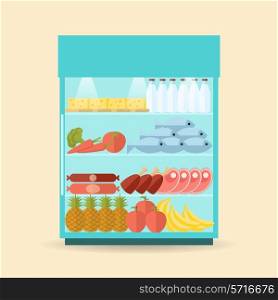 Supermarket shelf flat with natural healthy food items and drink bottles vector illustration