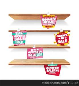 Supermarket Shelves, Valentine s Day Sale Advertising Wobblers Vector. Retail Sticker Concept. Mega Sale Design Concept. February 14 Best Offer. Discount Sticker. Love Sale Banners. Isolated. Empty Shelves, Valentine s Day Sale Advertising Wobblers Vector. Retail Concept. Big Sale Banner. February 14 Discount Sticker. Love Sale Banners. Isolated Illustration