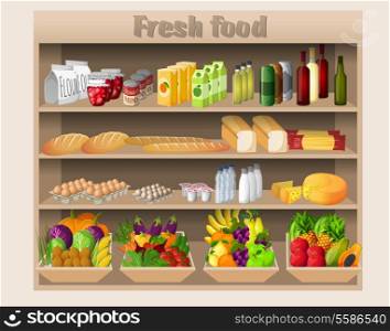 Supermarket shelves with food drinks fruits vegetables bread milk and grocery vector illustration