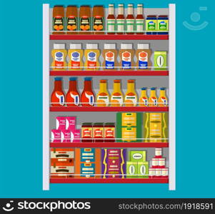 Supermarket shelves with groceries. Goods and products. Food and drinks in boxes and bottles. Various packages on racks. Mall, shop, retail store. Vector illustration in flat style. Supermarket shelves with groceries.