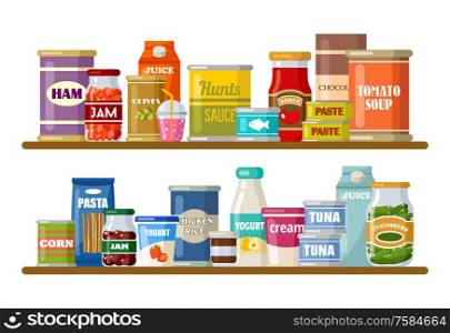Supermarket, shelves with products and drinks