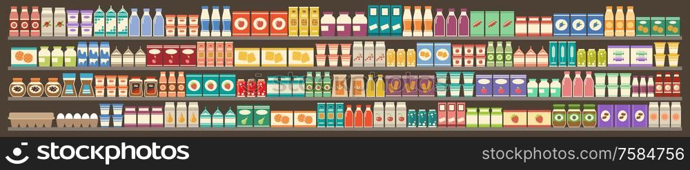 Supermarket, shelves with products and drinks. Dairy, cereals, confectionery, juices, preserves. Vector flat illustration.