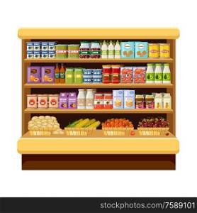 Supermarket, shelves with products and drinks. Store room. Vector flat illustration
