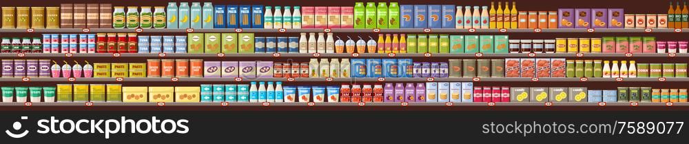 Supermarket, shelves with products and drinks. Vector flat illustration