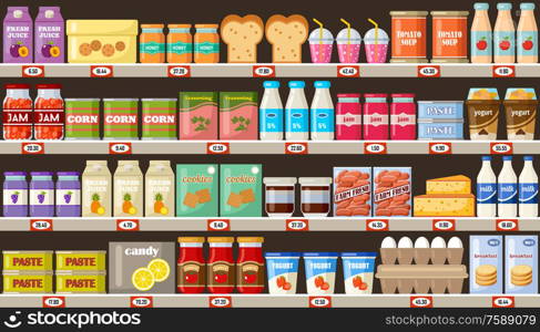 Supermarket, shelves with products and drinks. Vector flat illustration