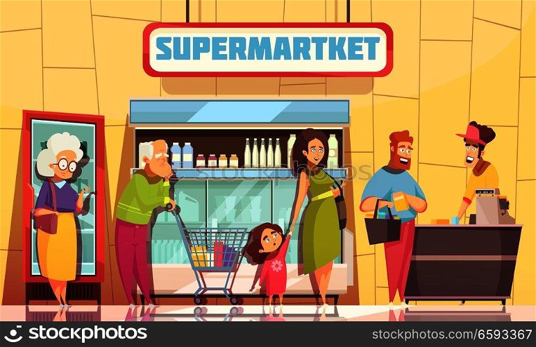 Supermarket shoppers queue characters poster with young family and old people waiting at cashier desk vector illustration . Queue People Supermarket 