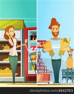 Supermarket Shopping 2 Vertical Retro Banners . Supermarket shopping 2 retro cartoon vertical banners set with happy customers buying food isolated vector illustration