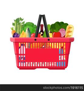 Supermarket shopping basket full of groceries products. Grocery store. vector illustration in flat style. Paper shopping bag full of groceries products.