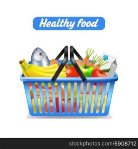 Supermarket Shopping Basket. Supermarket shopping basket full of healthy food isolated on white background vector illustration