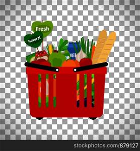 Supermarket shopping basket with natural fresh food isolated on transparent background. Vector illustration. Supermarket shopping basket with natural food