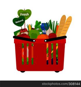 Supermarket shopping basket with natural fresh food vector illustration. Supermarket shopping basket