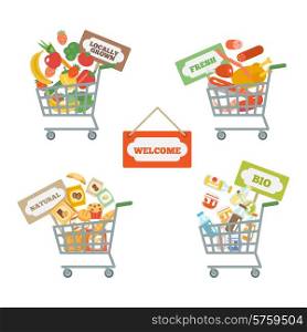 Supermarket shopping cart decorative icons set with food and commerce signs isolated vector illustration. Supermarket Cart With Food