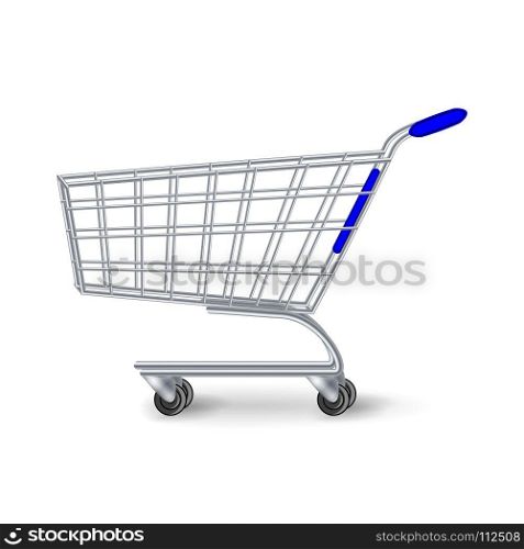Supermarket Shopping Cart Vector. Side View Empty Shopping Cart Isolated On White Background.. Supermarket Shopping Cart Vector. Side View Empty Shopping Cart Isolated On White