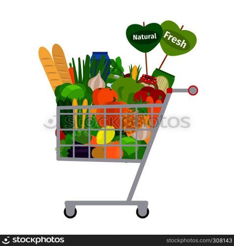 Supermarket shopping cart with fresh and natural food on white background. Shopping cart with food