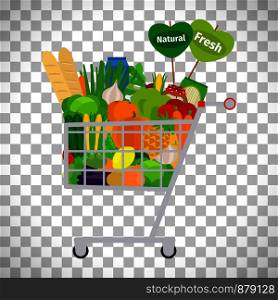 Supermarket shopping cart with products and goods isolated on transparent background. Vector illustration. Supermarket shopping cart with products