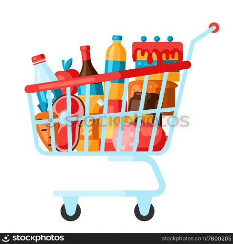 Supermarket shopping chart full of products. Grocery illustration in flat style.. Supermarket shopping chart full of products.