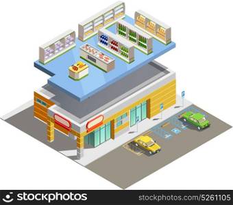 Supermarket Store Building Isometric Exterior View . Supermarket store building exterior and interior ground floor composition isometric view with adjacent parking lot vector illustration
