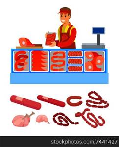 Supermarket store, butchers department with meal variety set vector. Pork and meat, sausages and frankfurter. Seller salesperson with raw food bacon. Supermarket Store Butchers Department Set Vector