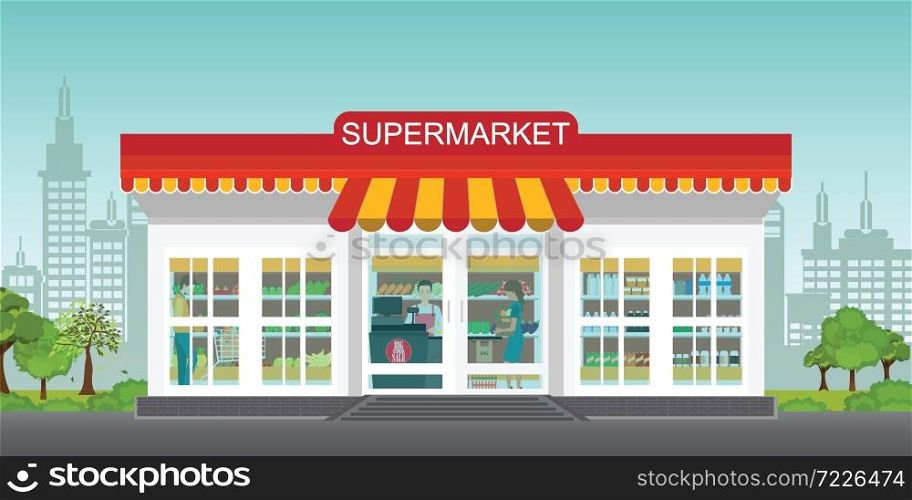 Supermarket store concept with people in supermarket grocery store, Supermarket building and interior with fresh food on shelves and counter cashier, Flat vector illustration.
