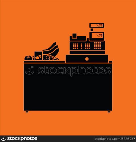 Supermarket store counter desk icon. Orange background with black. Vector illustration.