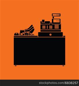 Supermarket store counter desk icon. Orange background with black. Vector illustration.