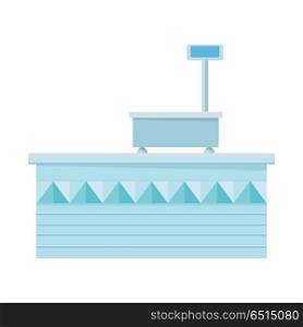Supermarket Store Counter Desk. Shop Equipment.. Supermarket store counter desk. Editable element of market interior design. Shopboard stall stand. Part of series of shop equipment. Flat style vector illustration isolated on white background.