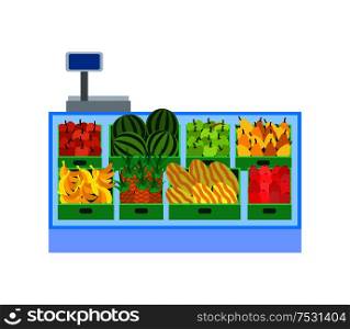 Supermarket store, fruits department showcase vector. Watermelon and ripe apples, melon pineapple tropical sweet plant in containers. Seller counter. Supermarket Fruits Department Showcase Vector