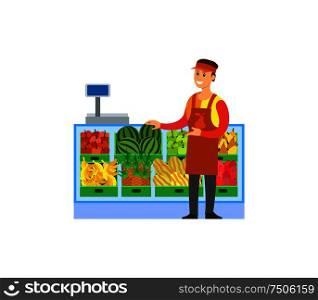 Supermarket store, fruits department with consultant vector. Shelves with pineapples, apples and melons, watermelons and pears. Showcase and weight. Supermarket Store Fruits Department Worker Vector