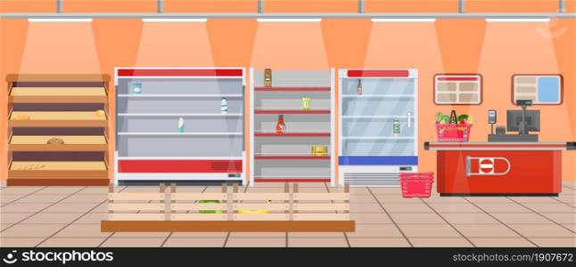 Supermarket store interior with empty store shelves. Big shopping mall. Interior store inside. Checkout counter. Vector illustration in flat style. Supermarket store interior with goods.